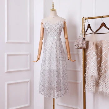 

2019 summer new high waist A-Line Sweet Mesh Streetwear dress French retro strap fashion temperament Women party dress