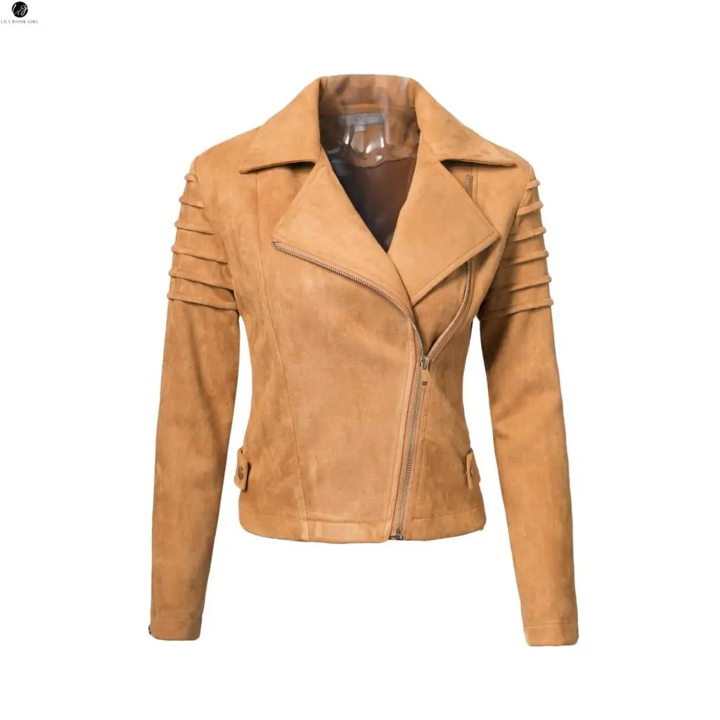 buy  Lily Rosie Girl Casual Suede Leather Women Jacket Ruffle Long Sleeve Short Coats 2019 Winter Female