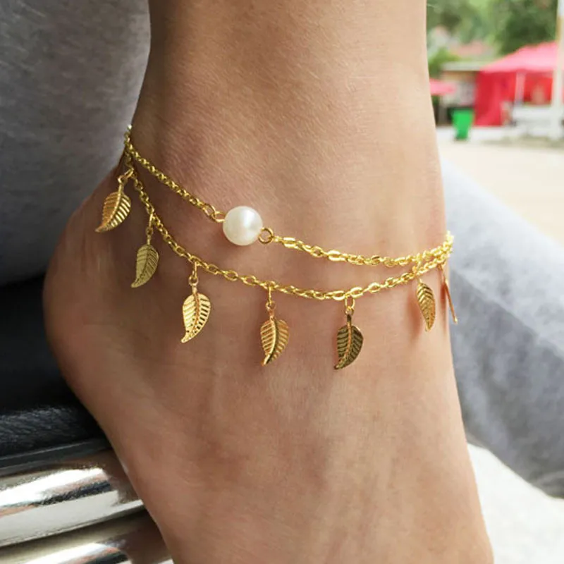 

Fringed layered leaf pearl anklet Women Anklet Ankle Bracelet Beach Foot Jewelry Alloy different occasions Tobillo 4H