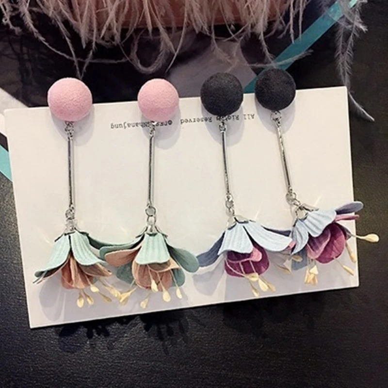 

Cute Long Hook Fabric Flower Earring Bohemian Handmade Sliver Color Dangle Drop Earrings for Women Fashion Charm Party Jewelry