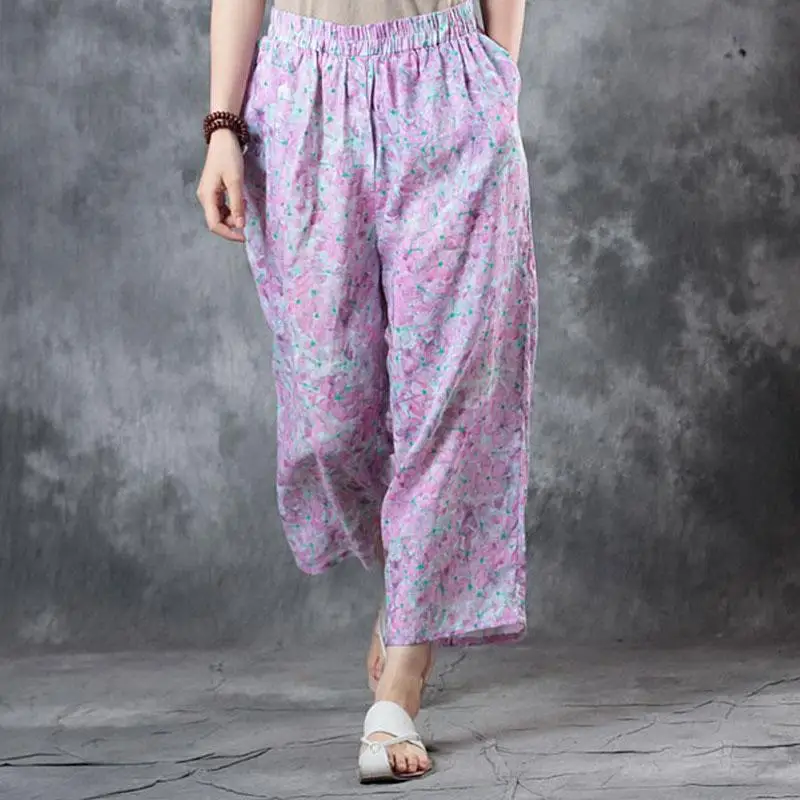 2018 Summer New Fashion Women Ladies Floral Wide Leg Pants Loose Print Ramie Trousers Stretch Waist Boho Pants OL Pantalon (1)
