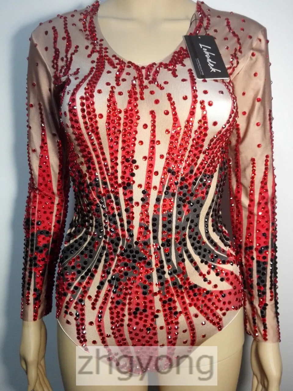 Full Diamond Female Leotard Bodysuit Red Black Crystals Long Sleeve Jumpsuit Nightclub Women Leading Dancer DJ DS Stage Costume cut out bodysuit