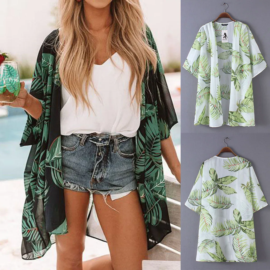 

Summer Women Flower Fruit Print Bikini Cover Up Kimono Cardigan Chiffon Bathing Tops Short Beach Dress Holiday Swimwear 2019