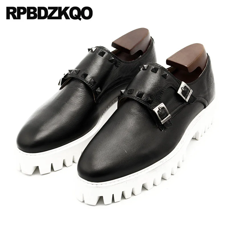 

Pointed Toe Metal Tip Rivet Creepers Black Double Monk Strap New Designer Shoes Men Luxury 2018 Large Size Stud Genuine Leather
