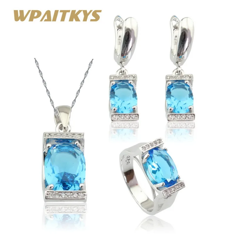 

WPAITKYS Ligh Blue Dark Blue Cubic Zirconia Silver Color Jewelry Sets For Women Necklace Pendant Earrings Rings Free Gift Box