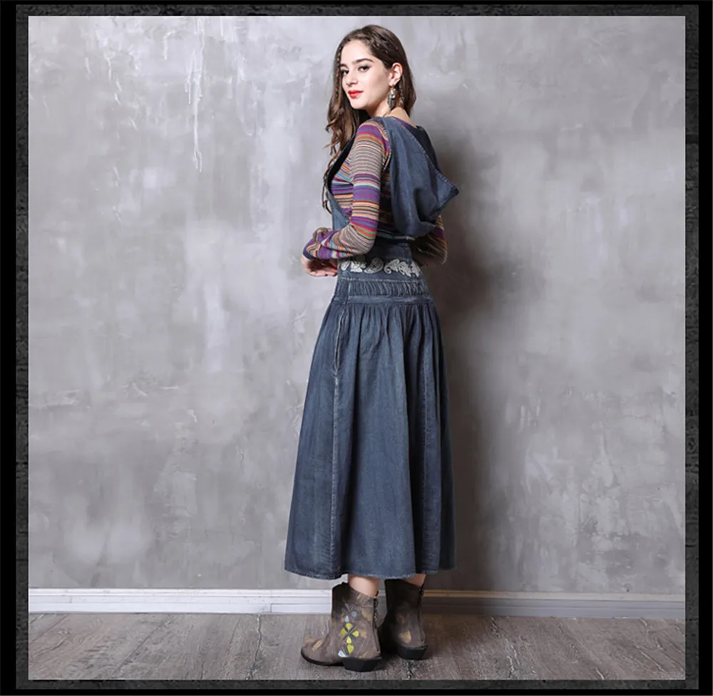 Vintage Hooded Dress Women 2018 New Arrival Denim Dresses Vintage Embroidery V-Neck Loose A-line Long Vestidos Femininas (14)