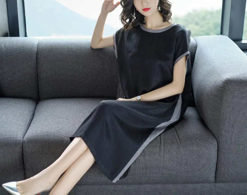 2018 Summer New Style Simple Fashion  Stripes Soft 100% Real Silk Straight Dress Female Casual Loose Short Sleeve Dress