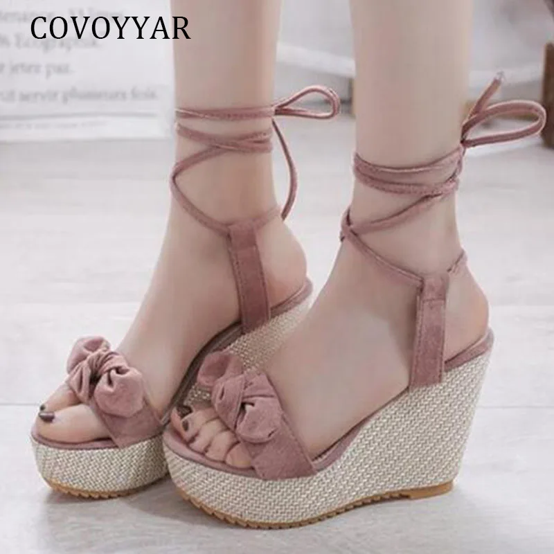 

COVOYYAR 2019 Rome Platform Sandals Ankle Strap Open Toe High Heels Pumps Summer Fashion Wedges Bow Shoes Woman Lace Up WSS443