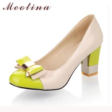 Meotina Ladies Shoes Pumps Autumn Round Toe Basic Office Chunky High Heels Shoes Women Bow Candy Color Shoes Plus Size 9 10