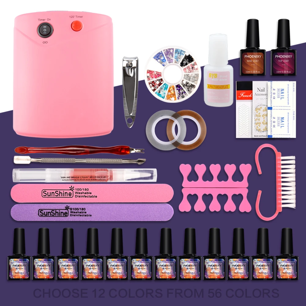 

Nail Set Dryer 36W LED Lamp UV Gel Varnish Polish Top Base Coat Manicure Tools Set 12Color Nail Polish For Nail Manicure Sets