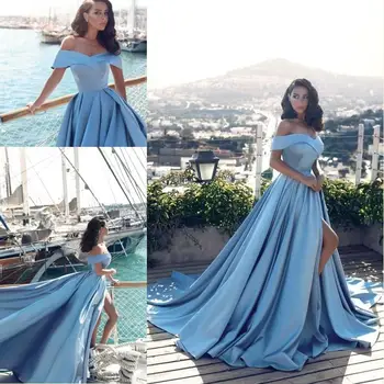 

2019 Light Blue Off the Shoulder High Slits Evening Dresses Arabic Sweep Train Prom Party Gowns Formal Wear