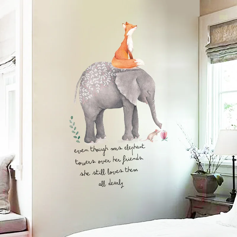 Cartoon animal wall stickers painting cute red fox sitting on elephant letters decorated wall sticker for kids room wall decals