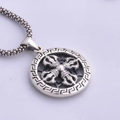 Handmade 925 Silver Tibetan Dorje Pendant vintage thai silver double dorje amulet pendant buddhist symbol jewelry
