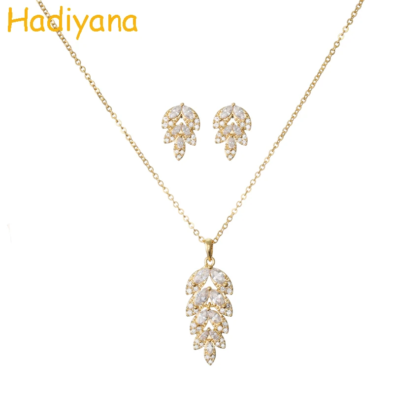 

Hadiyana AAA Cubic Zircon Fashion Woman 2pcs Jewelry Sets Plant leaves Design Clear Zircon Necklace Earrings Holiday Gift CN904
