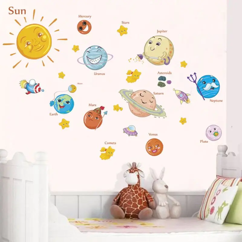Solar System Cartoon Wall Stickers for Kids Rooms Stars Outer Space School Decor 