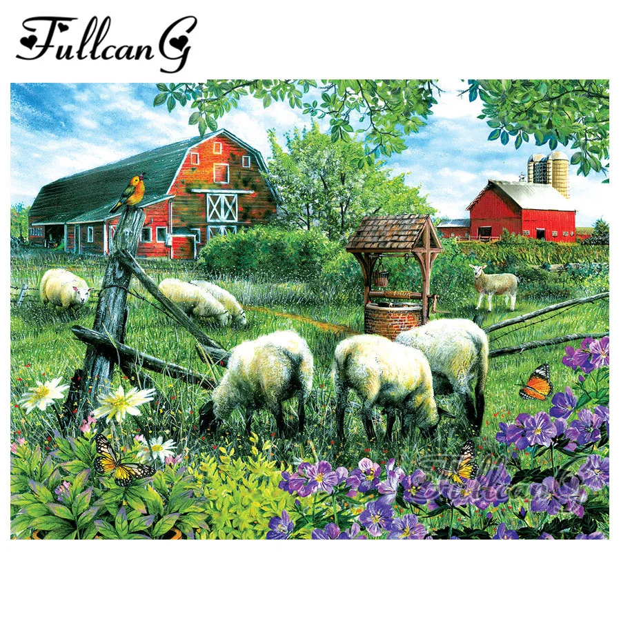 FULLCANG 5d diy diamond painting sheep farm animals house decorations