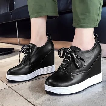 

Genuine Leather High Heels Ladies Casual Shoes 2019 Spring Fashion Lace-Up Women's Height Increasing Platform Sneakers Shoes