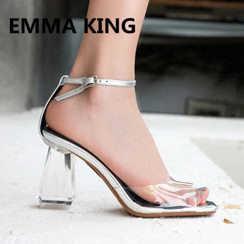 

Silver PVC Transparent Ladies Clear Heel Sandals Open Toe Ankle Buckle Strap High Heels Shoes Woman Black Gladiator Sandals