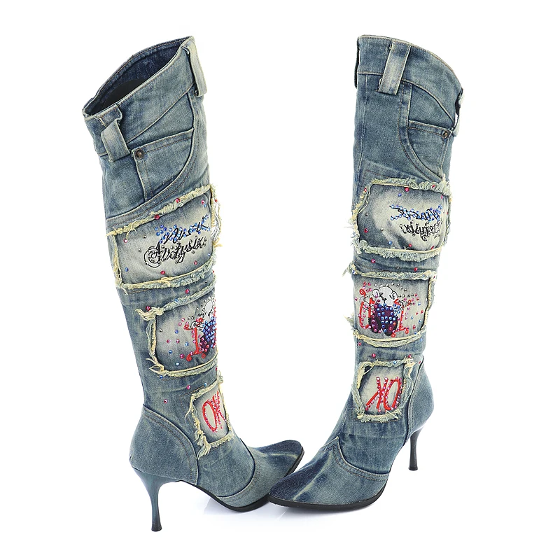 Women Vintage Side Zipper Denim Boots Thin High Heel Pointed Toe Crystal Knee High Boots Winter Warm Jeans Long Botas Mujer