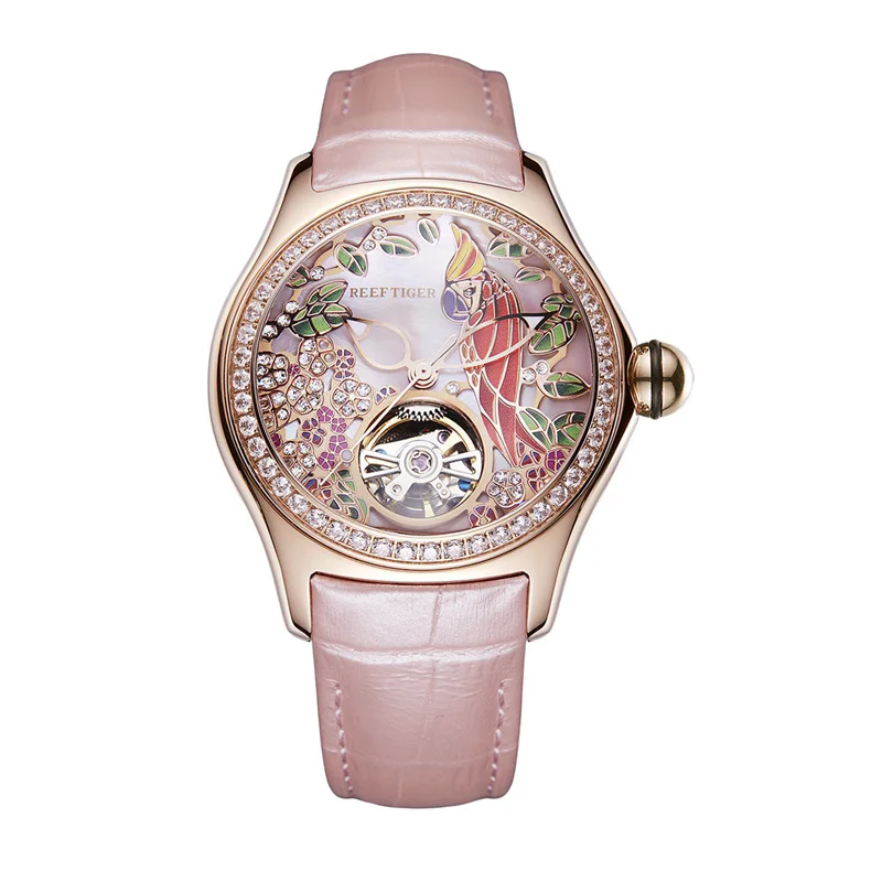 Reef Tiger/RT женские роскошные модные часы Reloj Mujer Diamond automatic Tourbillon кожаные часы Relogio Feminino RGA7105 - Color: 3