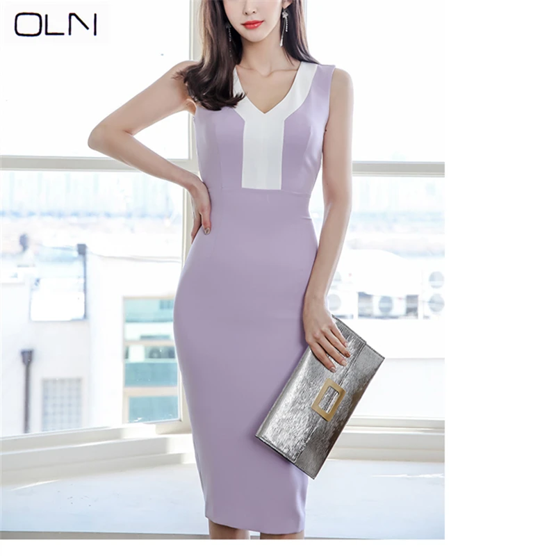 

Dress OLN summer dress Korean temperament V-neck Slim color matching leaky sexy bag hip dress violet dress female