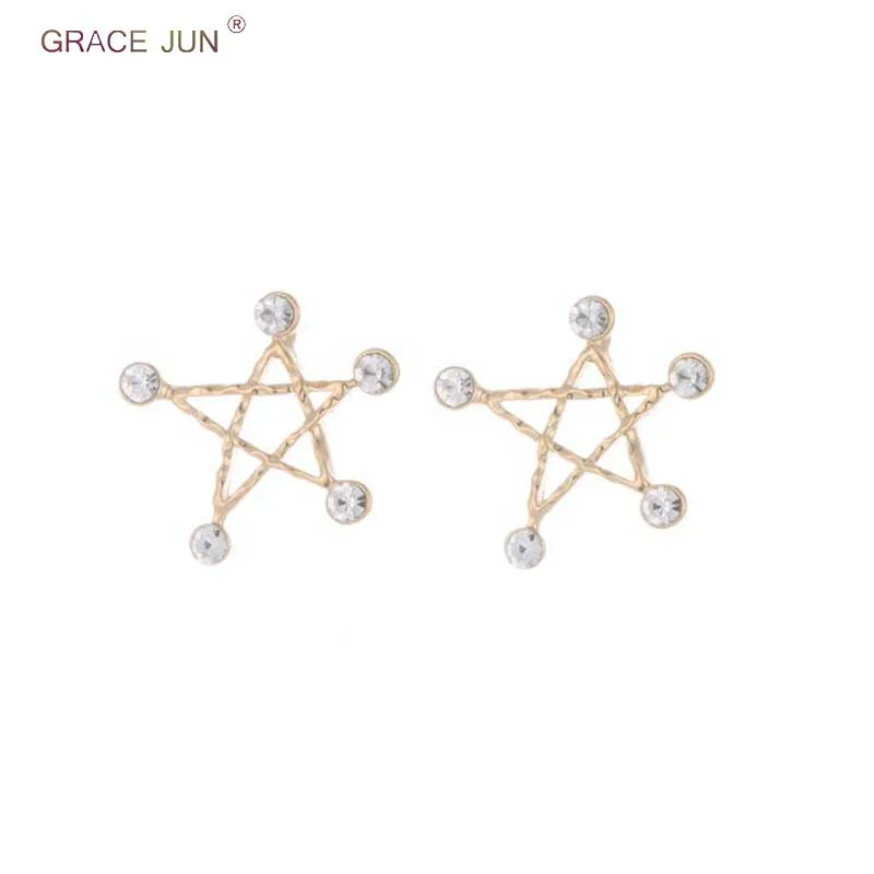 

GRACE JUN Hollow-out Rhinestone Star Clip on Earrings for Women Charm Fashion Gold Color Without Pierced Earrings Charm Brincos
