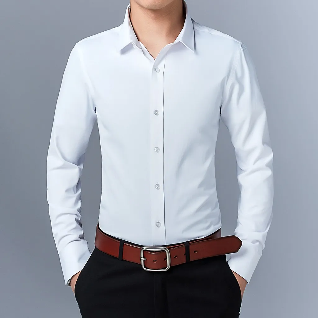 Feitong Slim Business Shirt Men Fashion Style Body-Building Solid Black White Blue Pink Long-Sleeved Autumn All Match Shirts