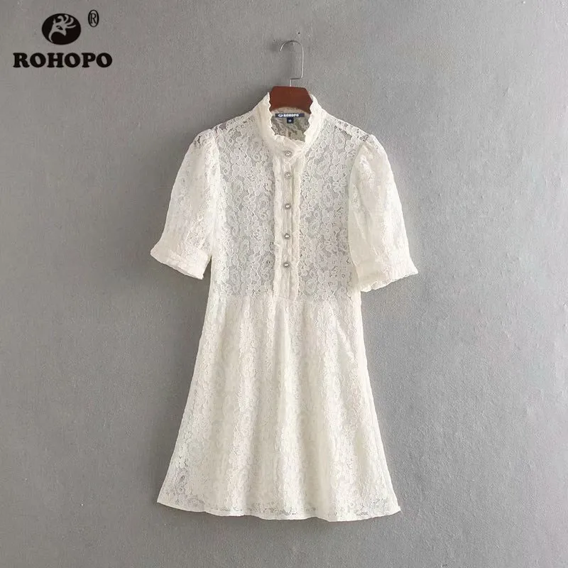 ROHOPO женское кружевное белое элегантное шикарное платье Топ Алмазные Кнопки отделка запонка гофрированный круглый воротник для вечеринки девушка Vestido# CW9285