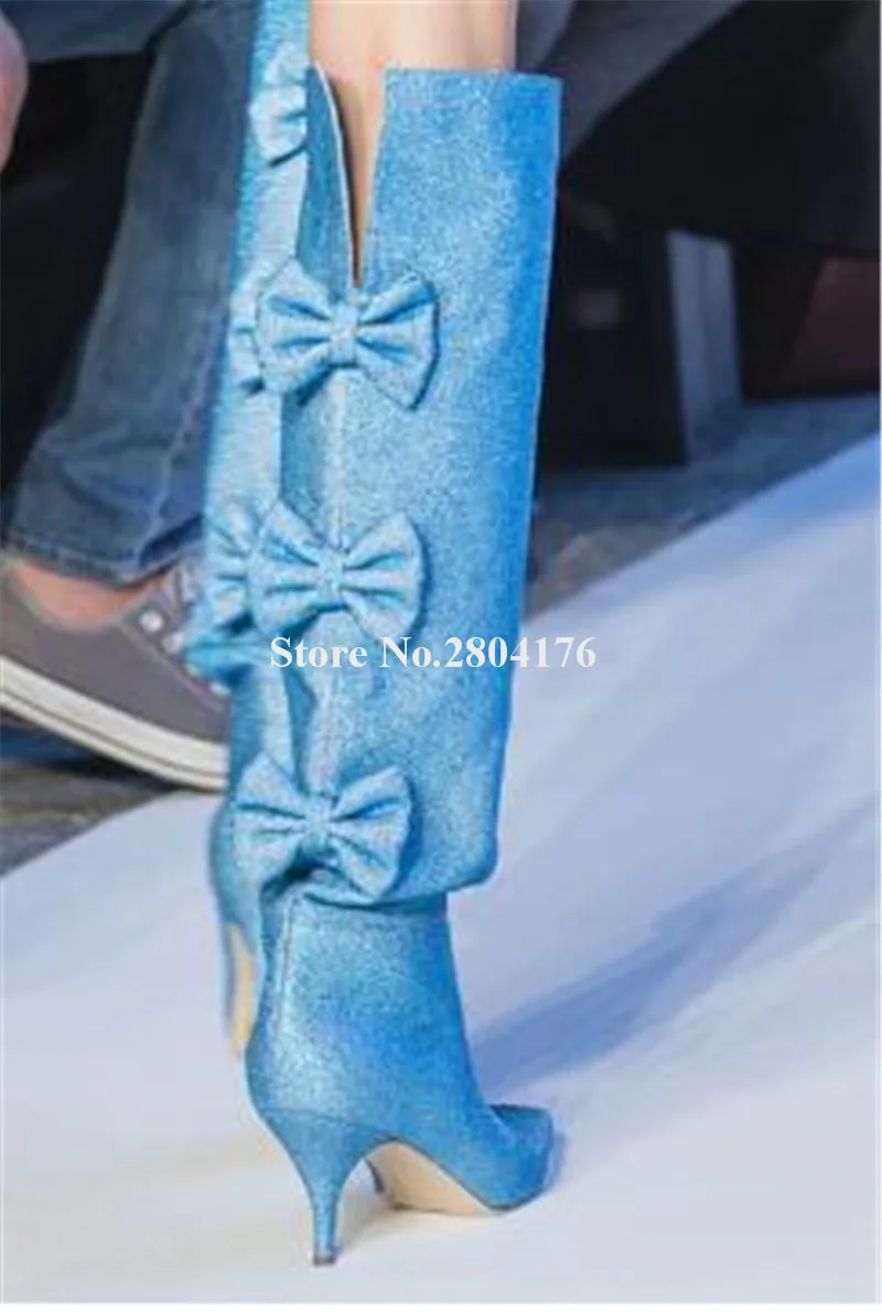 

Ladies Beautiful Pointed Toe Sequined Pointed Toe Back Bowtie Knee High Boots Pink Blue Slip-on Satin Long High Heel Boots