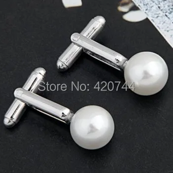 1 Pair Round Faux Pearl Men's Suit Metal Cufflinks Cuff Links 0.47"