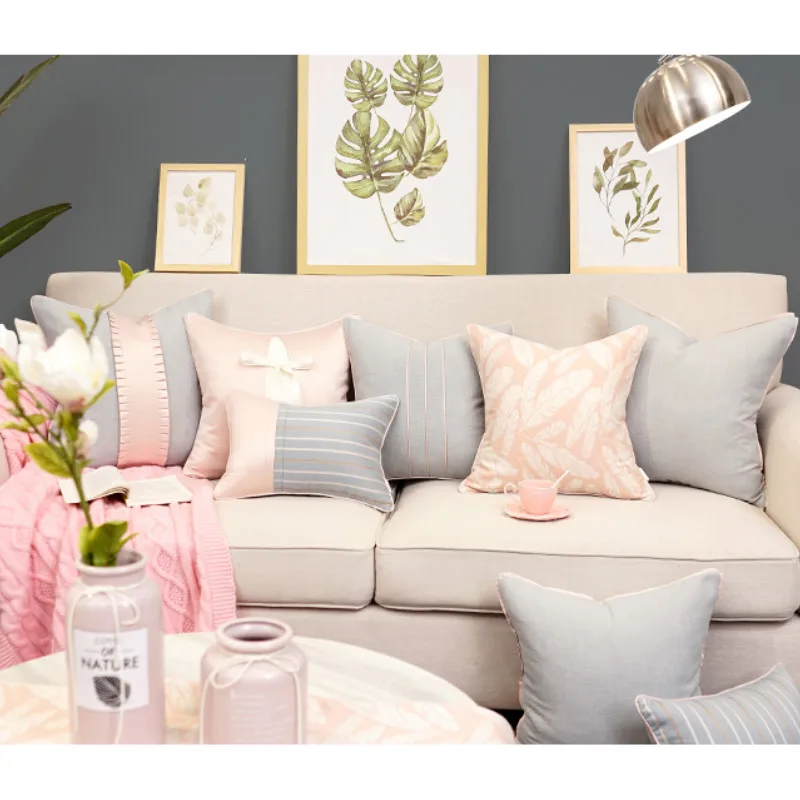 

DUNXDECO Cushion Cover Decorative Pillow Case Nordic Simple Pink Feather Gray Stripe Bowknot Coussin Room Bedding Decorating
