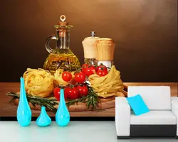 Papel де parede помидоры специи разделочная доска паста бутылки приправа 3d обои, гостиная, кухня ресторан кафе бар