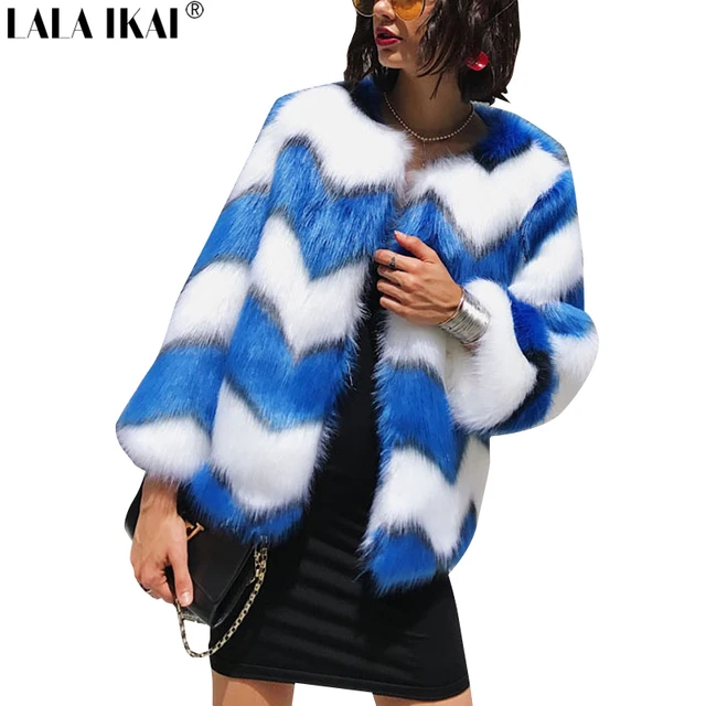 Winter Warm Fluffy Faux Fur Coat for Women Striped White and Blue Fur