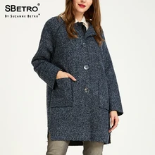 SBetro By Suzanne Betro Women Coats Jacket Medium Long Tweed CrewNeck Raglan Boxy Unlined Long Sleeve Ladies Jacket Overcoat Top