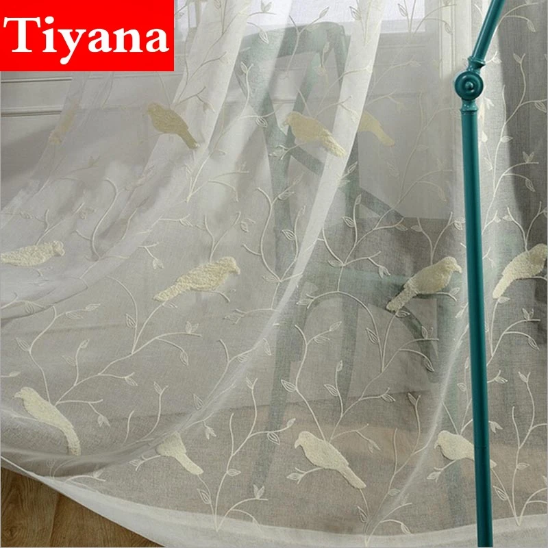 White Embroidered Bird Sheer Curtain Panel Curtains for Kitchen Living