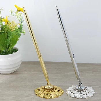 

Gold Silver Feather Style Guest Book Signing Pen Plastic Alloy Wedding Party Guest Table Decor Supplies Products