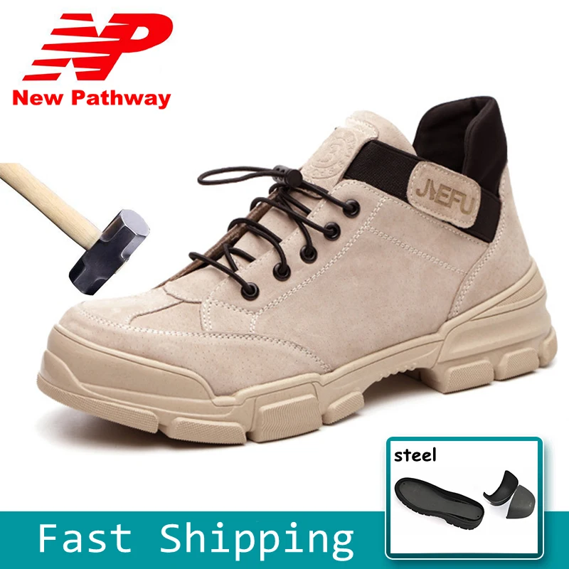 

100% Cow Leather Men's Safety Shoes Steel Toe Cover and Puncture-proof Sole Beige Black Gray Upper Big Size 36-46 MS159