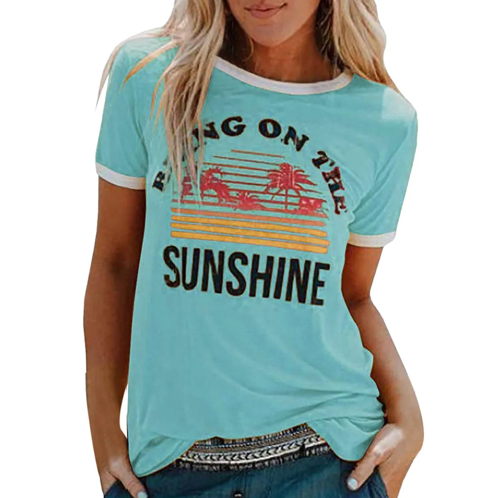 Летняя популярная женская оранжевая рубашка с надписью «Bring On The Sunshine», топы с коротким рукавом, новинка, женская футболка USPS, Прямая поставка - Цвет: Light blue