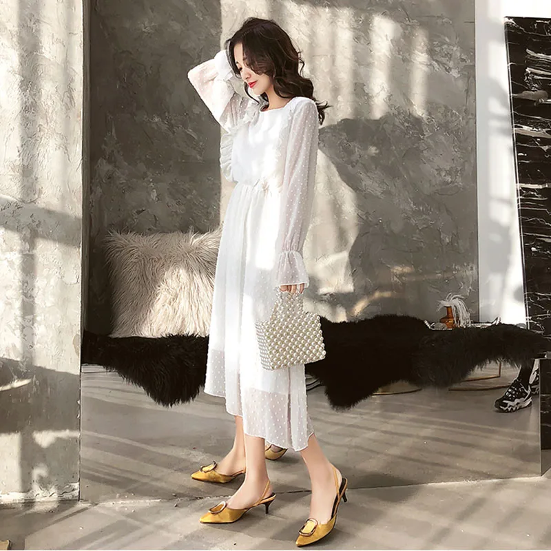 

2019 Ruffles Polka Dot Women Chiffon Dress Elastic Waist Flare Sleeve Female Long Vestidos Retro Women Dress