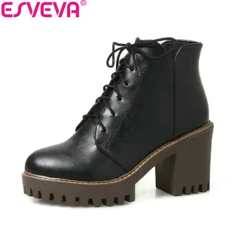 

ESVEVA 2018 Women Boots Platform 2cm Black Square High Heels Synthetic Round Toe Ankle Boots PU Leather Ladies Boots Size 34-43