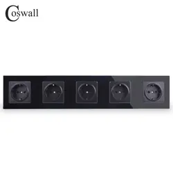 Coswall стены кристалл Стекло Панель черный 5 Путь Мощность разъем заземленной 16A ЕС Стандартный электрические Пятиместный розетки