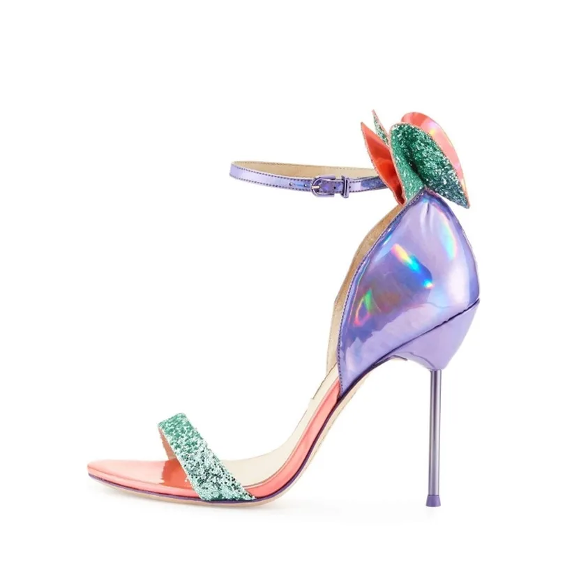 

Eunice Choo Crystal Embellished Butterfly Knot Patent Leather Women Sandals Buckle Strap Colorful Sweet Princess Party Shoes