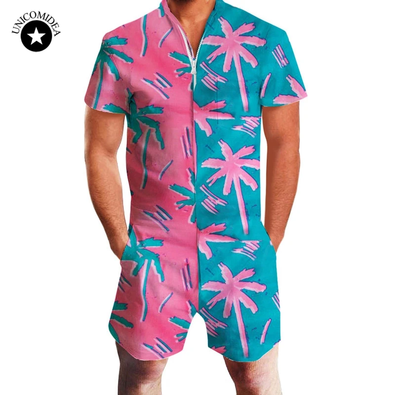 

Mens 3D Graphic Rompers Casual Zipper Short Sleeve Jumpsuit Overalls Slim Coverall Bodysuits Summer Hawaiian Shirts&shorts