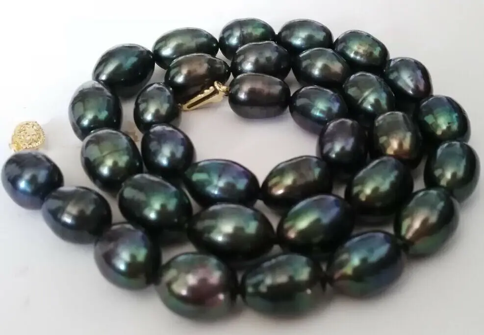 

stunning 12-13mm baroque black green pearl necklace 18inch 925silver