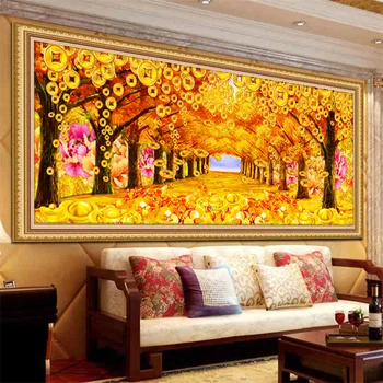 

QIANZEHUI,DIY Diamond Embroidery,Round Diamond Money Tree Gold Field Full rhinestone Diamond painting cross stitch,needlework
