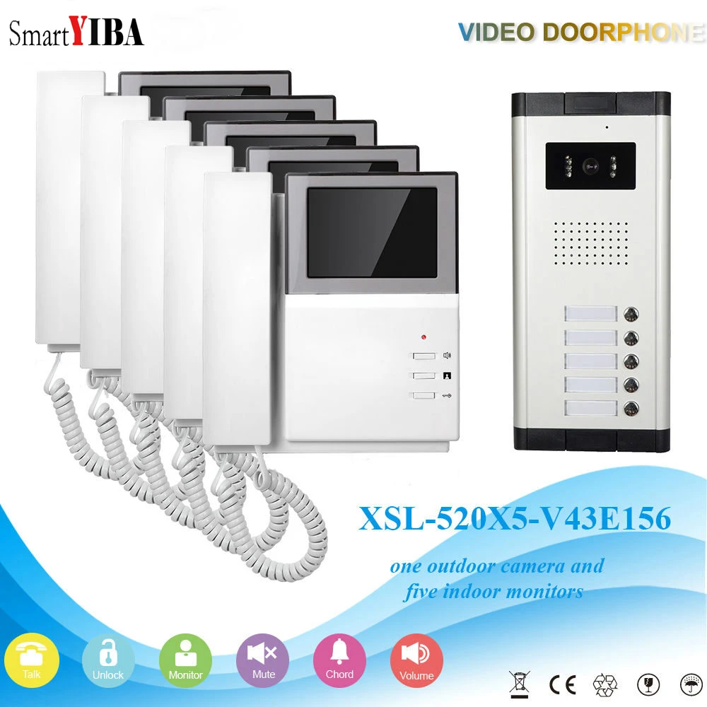 SmartYIBA 4.3'' HD LED Grand Screen Apartment Video Door Telephone Doorbell Interphone System Night Vision Waterphoofing 5 Sits