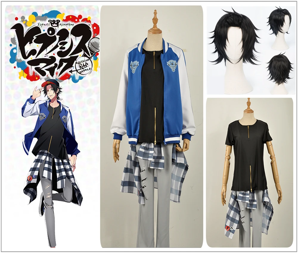 Games Voice Actor Yamada Nirou Cosplay Costume Custom Long Sleeve Blue Jacket Pants Plaid Shirt Black Short Curly Wig Halloween