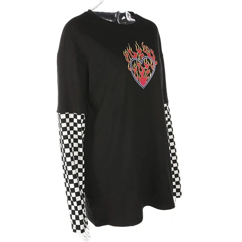 Women Plaid Patchwork Long Sleeve Flaming Heart Print Sweatshirt Spring Black Checkboard Pullover Hoodies Women Plaid Patchwork Long Sleeve Flaming Heart Print Sweatshirt Spring Black Checkboard Pullover Hoodies