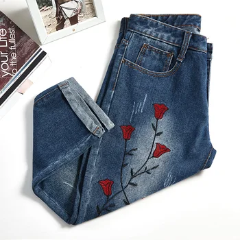 

5xl plus big size panty women spring summer style autumn 2018 feminina thin embroidery loose denim pants female A4638