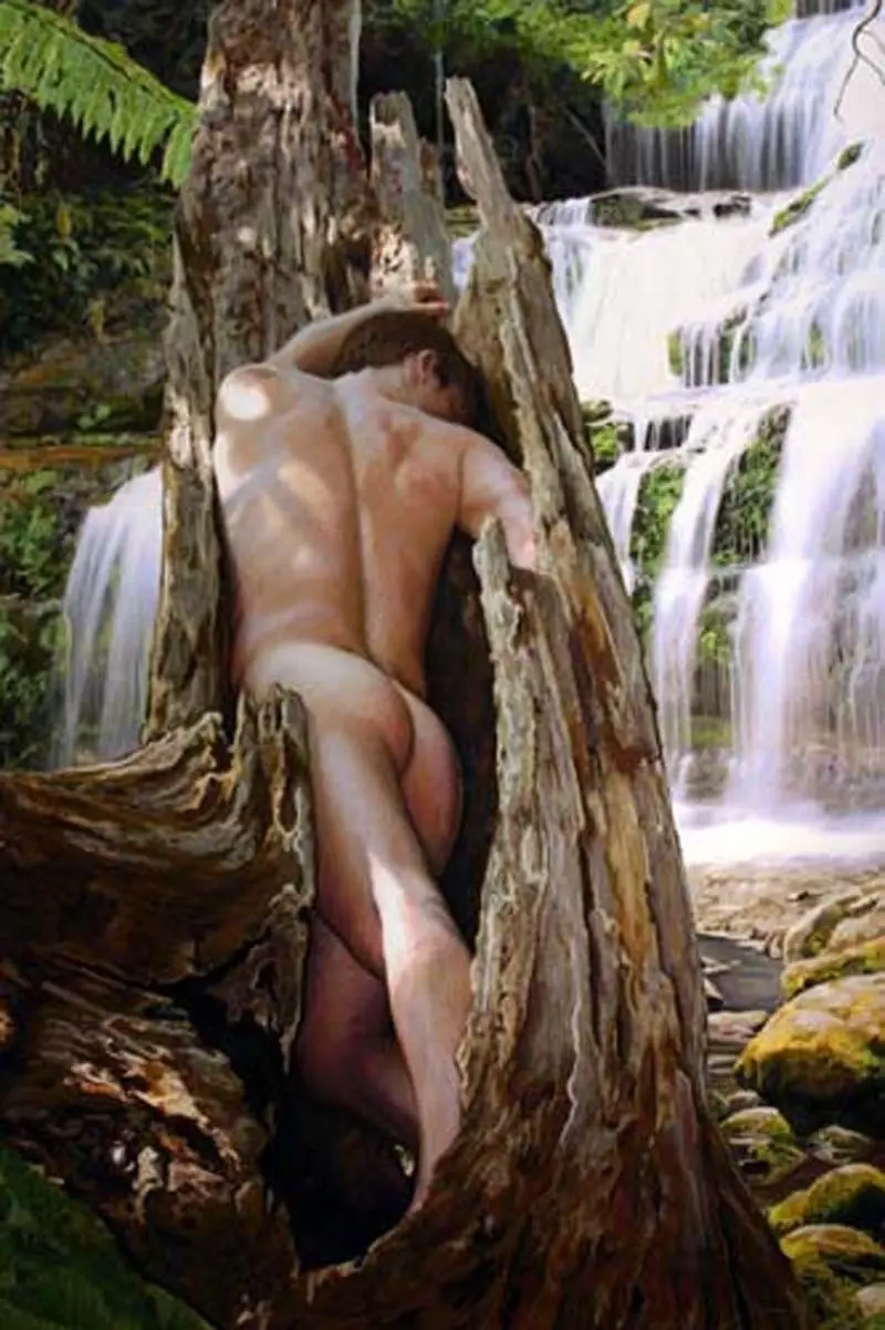Original art back male nude tree hole forest waterfall strong 24X36 #100% hand painted #Oil painting on Canvas #free shipping | Дом и сад